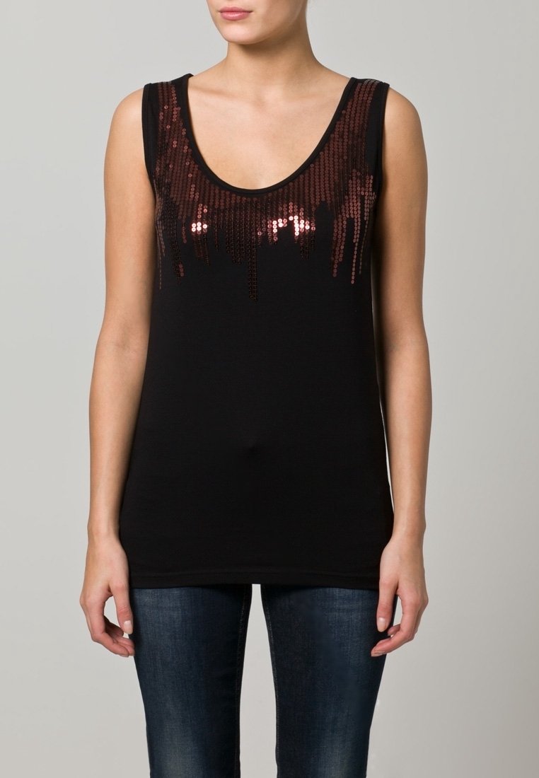 Black sleeveless top with a scoop neckline; features a sequin design in shimmering bronze tones, creating a gradient effect.