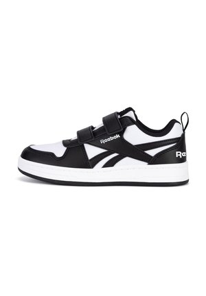 Zapatillas Reebok en negro y blanco. Confeccionadas con una mezcla de cuero sintético y malla, correas de velcro y una suela de goma blanca. Detalle del logotipo acentuado.