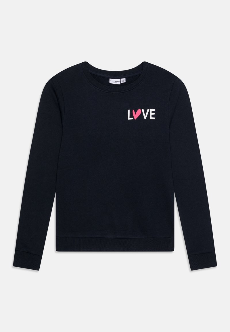 Sweat-shirt noir à manches longues avec le mot "LOVE" imprimé sur la poitrine, où un cœur rose remplace la lettre "O".