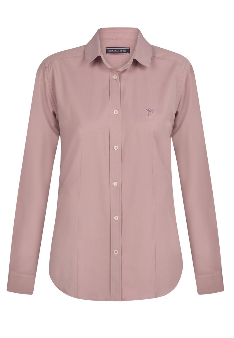 Lange mouwen, lichtroze shirt met een kraag, knopen aan de voorkant en een subtiel vogelLogo geborduurd op de borst. Glad stofoppervlak.