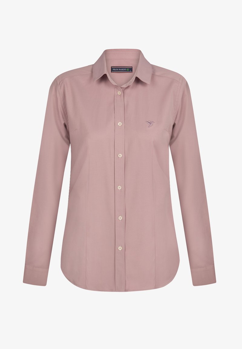 Lange mouwen, lichtroze shirt met een kraag, knopen aan de voorkant en een subtiel vogelLogo geborduurd op de borst. Glad stofoppervlak.