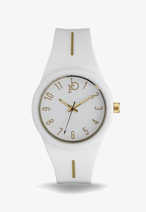 Balta silikoninė laikrodžio apyrankė su auksiniais akcentais, turinti apvalų ciferblatą, minimalistinius valandų žymeklius ir glotnų, blizgų paviršių. Juodos valandų ir minučių rodyklės.