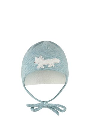 Light blue baby hat with white fox patch on front and tied straps under the chin, lined with soft white fabric inside.