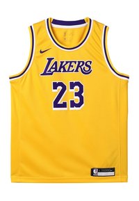 Žlutý basketbalový dres Los Angeles Lakers s fialovým lemem, číslo 23, logo Nike a označení NBA na spodní části.