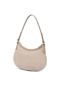 Beige suede shoulder bag with a curved shape, contrasting leather accents, and a detachable shoulder strap; features a zip closure.