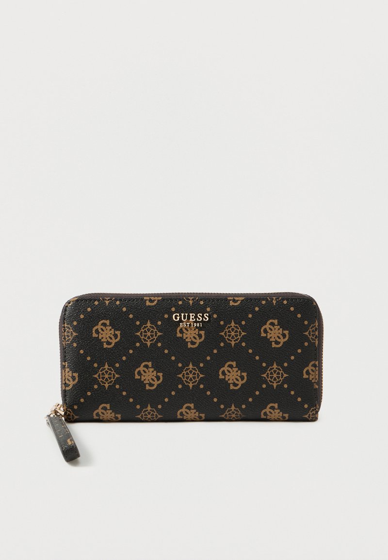 Čierna peňaženka z umelého kože s béžovým geometrickým vzorom a logom "GUESS". Zapínanie na zips s malým príveskom. Kompaktný dizajn.
