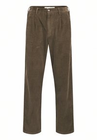 Pantalon en corduroy marron avec des côtes verticales, une coupe décontractée, des plis avant et une fermeture à un bouton.