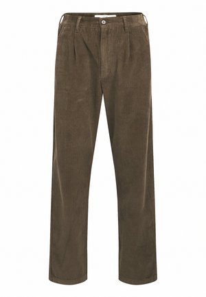 Brown corduroy trousers featuring vertical ridges, a relaxed fit, front pleats, and a single button closure.