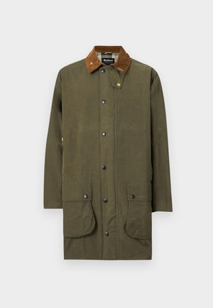 Μακριά ζακέτα ελιάς με καφέ γιακά από κορντόροι, μπροστινά κουμπιά με τσέπες με καπάκι και εσωτερική φόδρα με σχέδιο.