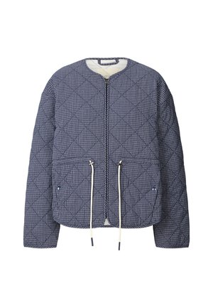 Gesteppte Jacke in Blau-Weiß-Karo mit Reißverschluss vorne, zwei Taschen mit Druckknöpfen und weißen Kordeln an der Taille.