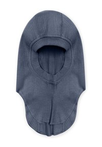 Balaclava di maglia grigia scura, con design arrotondato, texture a coste e area aperta per la visibilità. Adatta per il freddo.