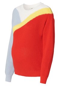 Neulepaita, jossa on pitkät hihat, punainen vartalo, vaaleansininen oikea hiha, valkoinen ylärinta ja keltainen vinoviiva rinnan poikki.