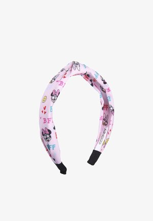 Roze stoffen hoofdband met patronen van cartoonfiguren, lachende gezichten en tekstaccenten in blauw en rood. Elastische uiteinden voor een veilige pasvorm.