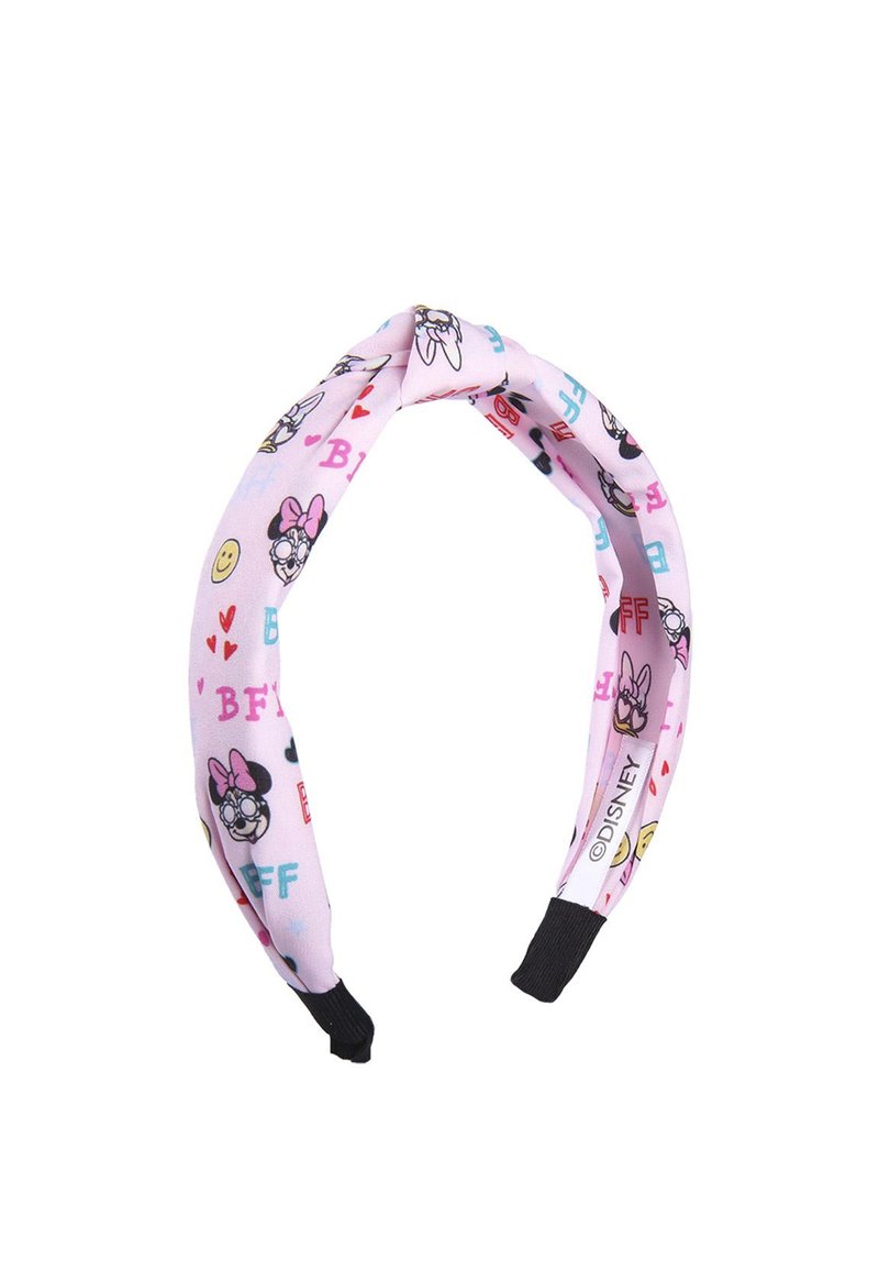 Fascia per capelli in tessuto rosa con motivi di personaggi dei cartoni animati, faccine sorridenti e testi in blu e rosso. Estremità elastiche per una vestibilità sicura.