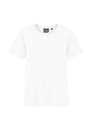 Weiße, kurzärmlige Baumwoll-T-Shirt mit Rundhalsausschnitt. Klassischer Schnitt und glatte Textur, ohne Muster oder Akzente.