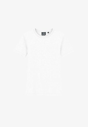 T-shirt bianco a maniche corte in cotone con collo rotondo. Vestibilità classica e superficie liscia, privo di motivi o dettagli.