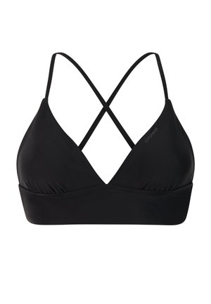 Zwarte bikinibovenstuk in driehoekmodel met dunne, gekruiste schouderbandjes en een brede band onder de buste, eenvoudig ontwerp met een subtiel logo op één cup.