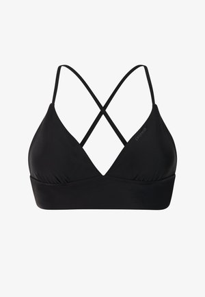 Zwarte bikinibovenstuk in driehoekmodel met dunne, gekruiste schouderbandjes en een brede band onder de buste, eenvoudig ontwerp met een subtiel logo op één cup.