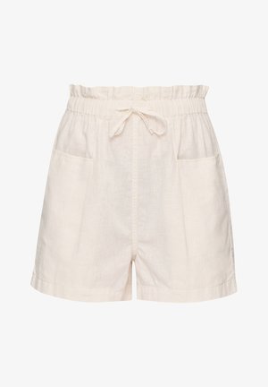 Svetlo bež hlače iz mehkega, teksturiranega materiala. Imajo elastičen pas z vrvico in dva stranska žepa.