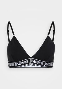 Bralette nera con design a scollo a V, realizzata in materiale morbido, dotata di un cinturino elastico bianco a contrasto con il logo "Just Cavalli".