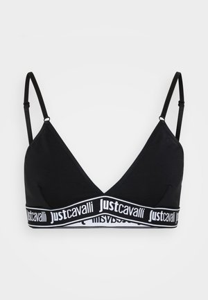 Bralet negru cu un design în formă de V, realizat dintr-un material moale, având o bandă elastică albă contrastantă cu logo-ul "Just Cavalli".