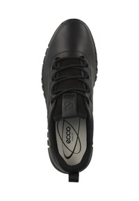 Black leather shoe with round toe, lace-up design, and textured upper. Features a pull tab and cushioned insole. Textured outsole.