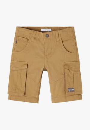 Børne cargo shorts i tan-farve med forlommer, bæltestropper, knaplukning og sidelommer med klap.