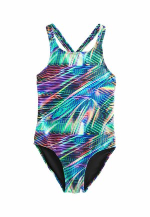 Én-delt badeshorts med neongrønt multicolor abstrakt geometrisk mønster og krydsede skulderstropper.