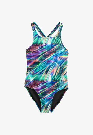 Costum de baie întreg cu un model abstract geometric multicolor neon și bretele încrucișate.