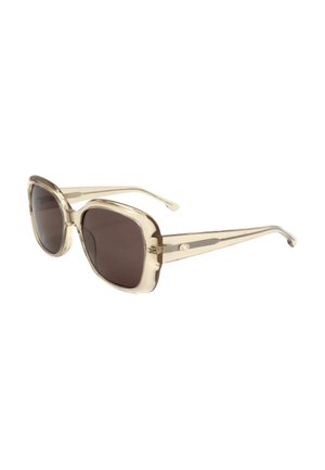 Occhiali da sole quadrati oversize beige trasparenti con lenti scure e aste sottili con piccolo dettaglio logo metallico.