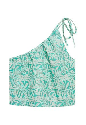 Ein Trägertop mit einer Schulter aus helltürkisfarbenem Stoff mit weißem Blättermuster, das eine geraffte Oberfläche und einen verstellbaren Bindegurt aufweist.