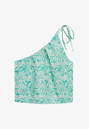One-shoulder top in light turquoise fabric with white leaf pattern, featuring a gathered texture and adjustable tie strap.