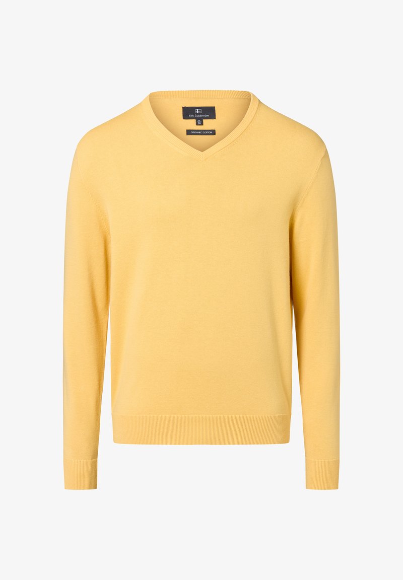 Geel katoenen trui met V-hals, lange mouwen en geribbelde manchetten en zoom. Zachte textuur met een gladde afwerking, geschikt voor lagen.