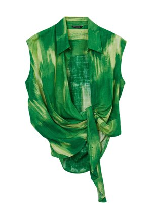 Green tie-front top with a collar, featuring abstract lighter green brushstroke patterns on a textured fabric. Sleeveless design, relaxed fit.