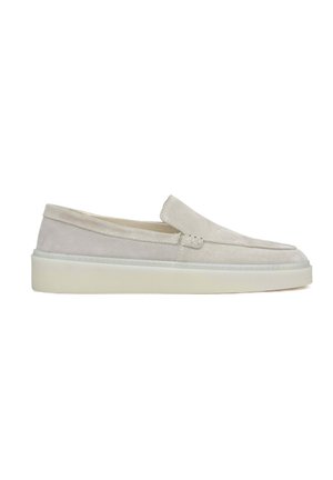Light gray slip-on shoes made from suede, featuring a rounded toe and a white rubber sole with minimal stitching details.