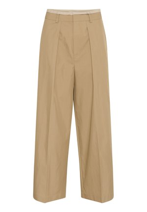 Beige wide-leg trousers with a high waist, featuring front pleats and a smooth texture. No visible pockets or embellishments.