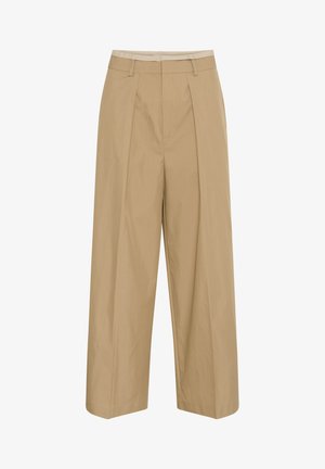 Beige wide-leg trousers with a high waist, featuring front pleats and a smooth texture. No visible pockets or embellishments.