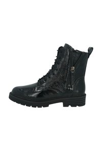 Black shiny leather combat boot with side zipper, lace-up front, pull tab at heel, and thick ridged sole.