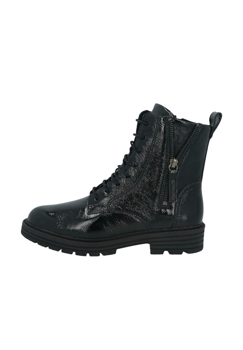 Black shiny leather combat boot with side zipper, lace-up front, pull tab at heel, and thick ridged sole.