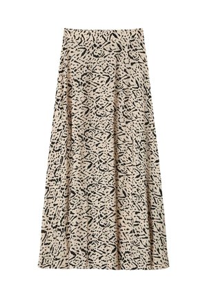 Jupe beige avec un motif abstrait noir, fabriquée en tissu léger. Présente une large taille et une coupe fluide, longue jusqu'au sol.