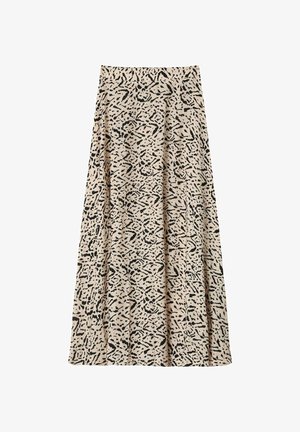 Jupe beige avec un motif abstrait noir, fabriquée en tissu léger. Présente une large taille et une coupe fluide, longue jusqu'au sol.