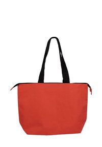 Borsa a tracolla rossa in tela con manici neri e chiusura con cerniera. La borsa presenta una forma rettangolare e una texture liscia.
