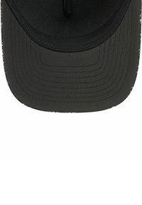 Black cap with a flat brim, featuring a colorful speckled pattern along the edge. Made of fabric with a smooth texture.