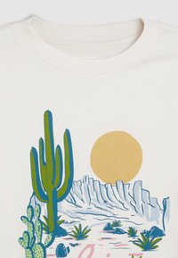 Camiseta de color crema con un diseño gráfico que presenta un gran cactus verde, un sol beige y un terreno rocoso, similar al desierto, en tonos azules y verdes.