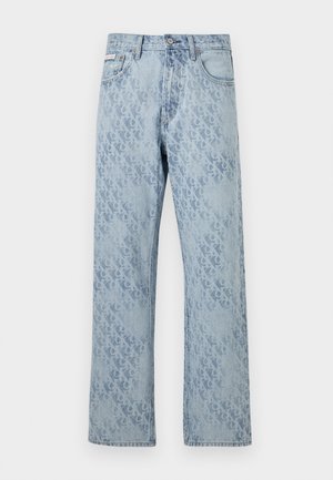 Light blue denim jeans with a subtle, tonal pattern. Features a straight leg design and standard belt loops. Classic five-pocket style.
