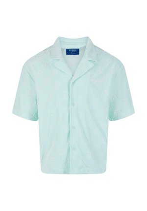 Világoskék, rövidujjú ing, textúrázott mintával, gombos elejével és bal oldali logóval. Puha, könnyű anyagból készült.