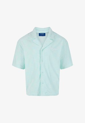 Hele sinine lühikeste varrukatega särk, millel on tekstureeritud muster, nööpidega eesmine osa ja logo vasakul küljel. Valmistatud pehmest ja kergest kangast.