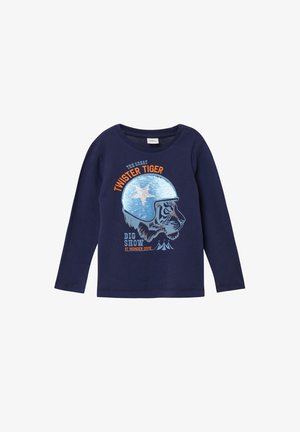 Navy long-sleeved shirt with a tiger graphic wearing a blue helmet, embellished text in orange and light blue, and a round neck design.