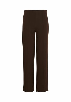 Pantalons marron à jambes larges en matériau doux et extensible. Présente des coutures verticales et une taille épurée pour un look soigné.
