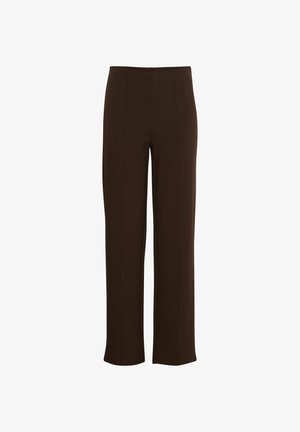 Pantaloni larghi marroni realizzati in un materiale morbido e elasticizzato. Presentano cuciture verticali e una vita pulita per un aspetto sartoriale.